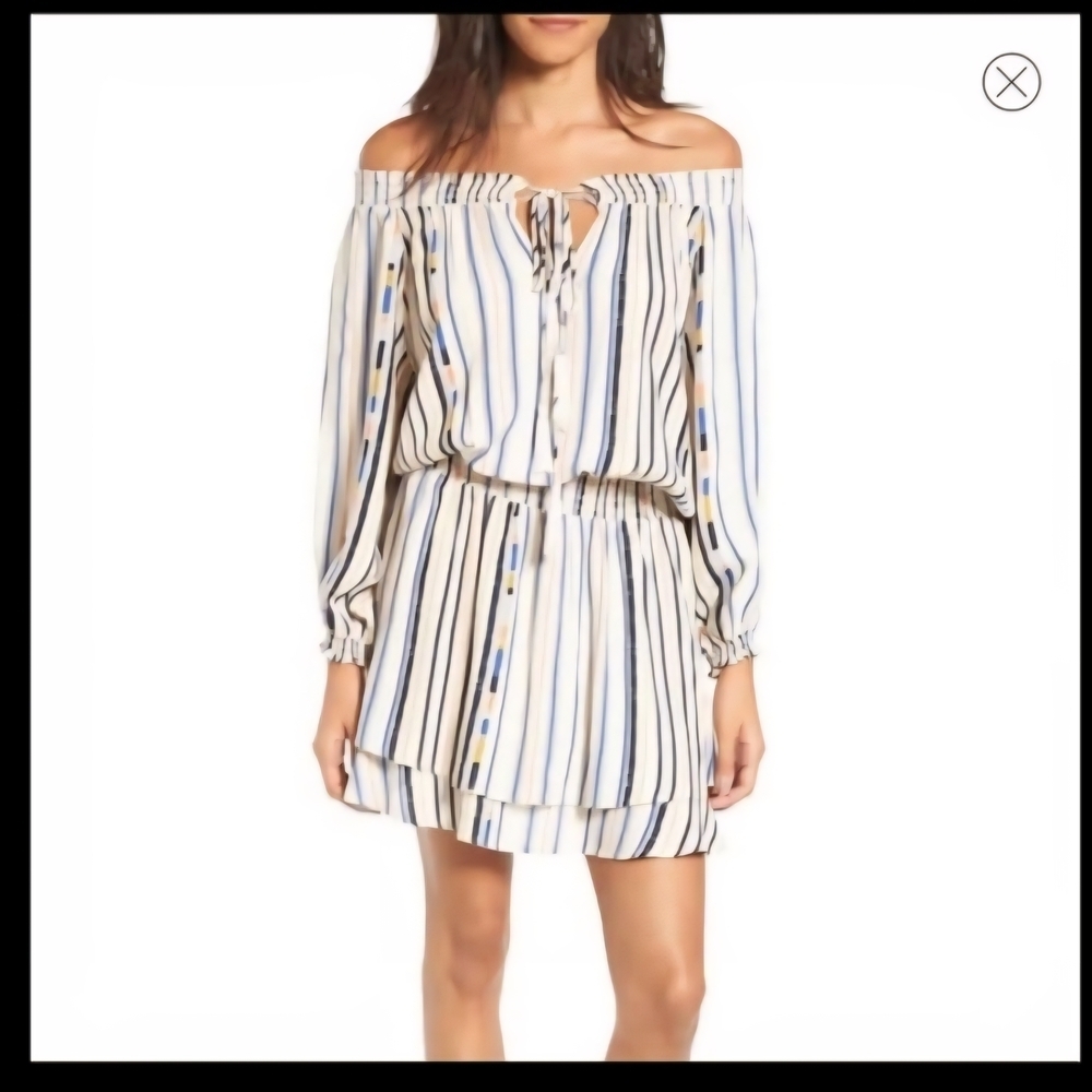 Astr Off-Shoulder Striped Mini Dress in Cream, Blue & Black